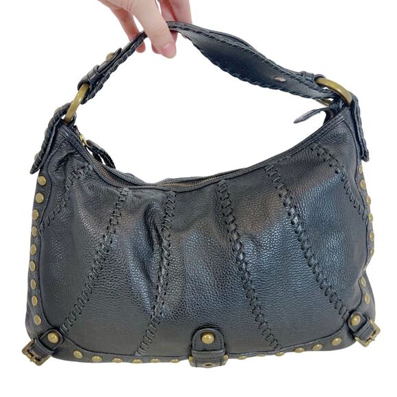 Isabella Fiore Like New Whipstitch Large Black Leather Bag Studs Boho Grunge - Picture 3 of 8